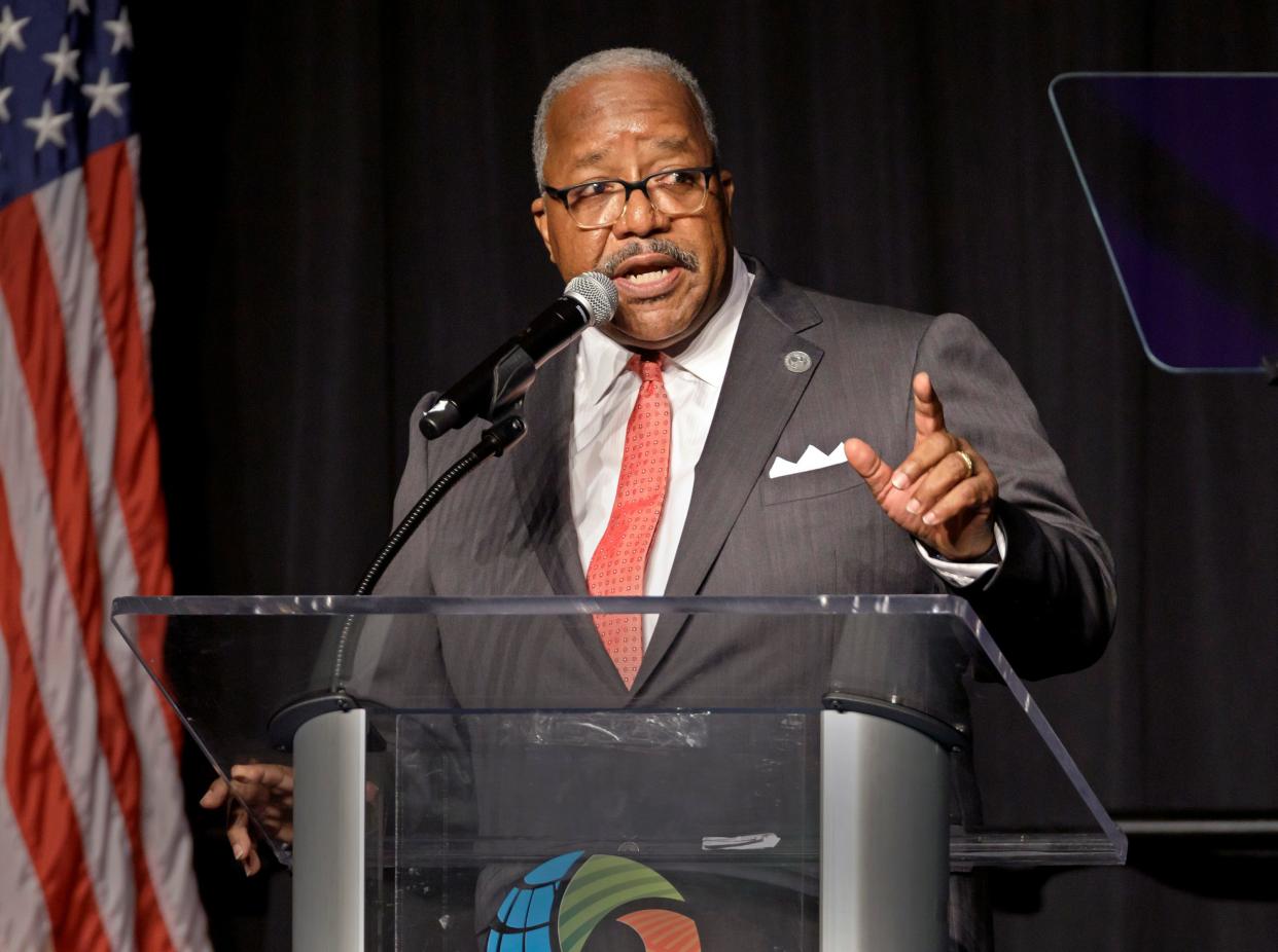 West Palm Beach Mayor Keith James delivers the 2022 State of the City Address during the Chamber of Commerce of the Palm Beaches breakfast on Feb. 4. The mayor recently underwent hip replacement surgery.