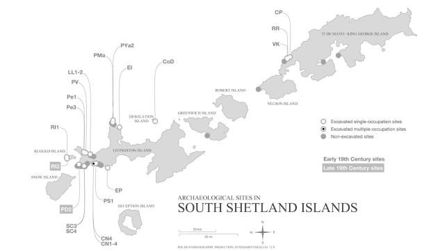 Mapa de las islas Shetland del Sur con la localización de los refugios del siglo XIX descubiertos en las investigaciones arqueológicas. Author provided