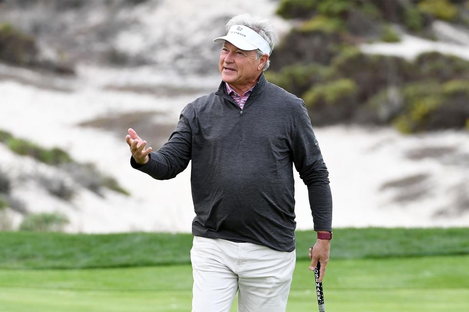 John Cook reacts after sinking his putt on the fifth hole at Spyglass Hill Golf Course during round two of the PURE Insurance Championship on Sept. 25, 2021 in Pebble Beach.