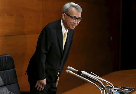 Newly-appointed Bank of Japan (BOJ) board member Yukitoshi Funo arrives at his inauguration news conference at the BOJ headquarters in Tokyo, July 1, 2015. REUTERS/Toru Hanai