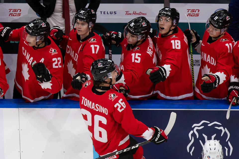 EDMONTON, AB - DECEMBER 29: Philip Tomasino #26 of Canada celebrates his goal against Switzerland during the 2021 IIHF World Junior Championship at Rogers Place on December 29, 2020 in Edmonton, Canada. (Photo by Codie McLachlan/Getty Images)