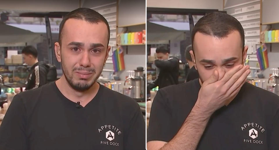 Phillip Salhab, owner Appetite Cafe in Five Dock, cries during interview