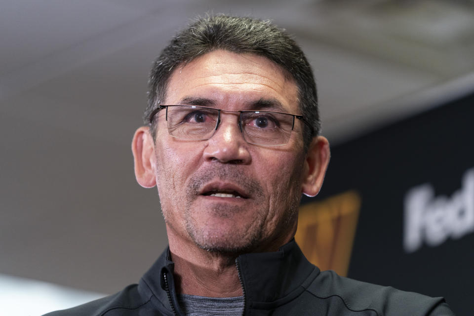 Washington Commanders head coach Ron Rivera speaks during a media availability at the team's NFL football training facility, Tuesday, July 26, 2022 in Ashburn, Va. (AP Photo/Alex Brandon)