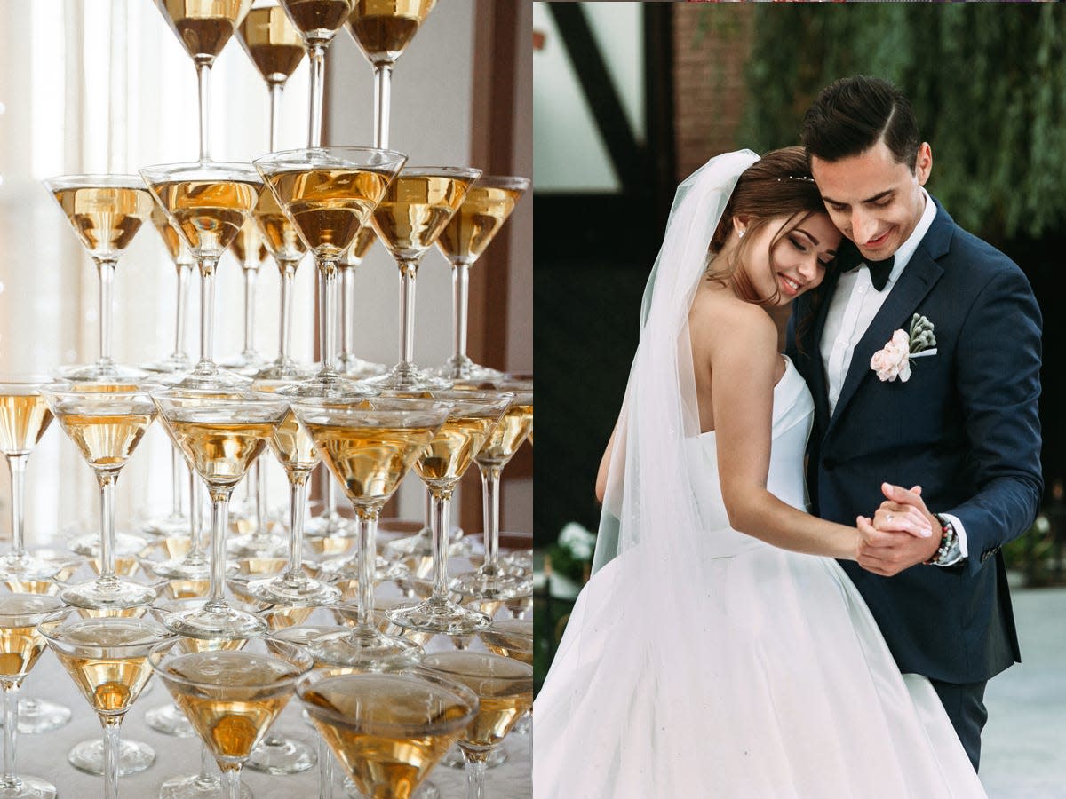 a champagne tower  next to a photo of a couple doing their first dance on their wedding day