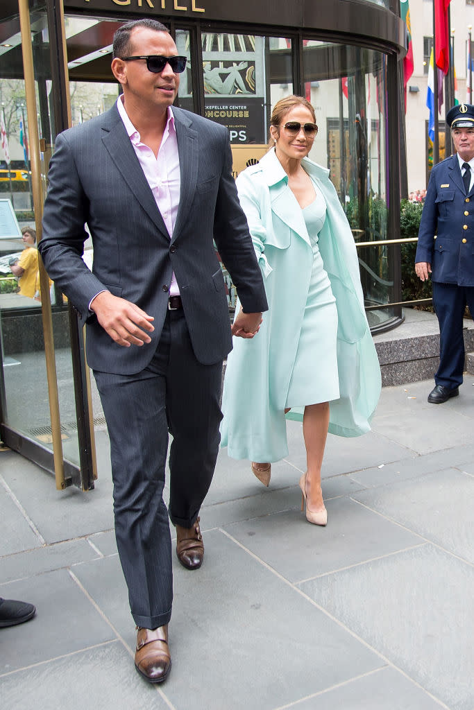 <p>The retired baseball player wore a pale pink shirt to go with J.Lo’s light turquoise look. (Photo: Getty Images) </p>