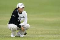 Jin Young Ko lines up her shot on the first green during the second round of the LPGA's Hugel-Air Premia LA Open golf tournament at Wilshire Country Club Thursday, April 22, 2021, in Los Angeles. (AP Photo/Ashley Landis)