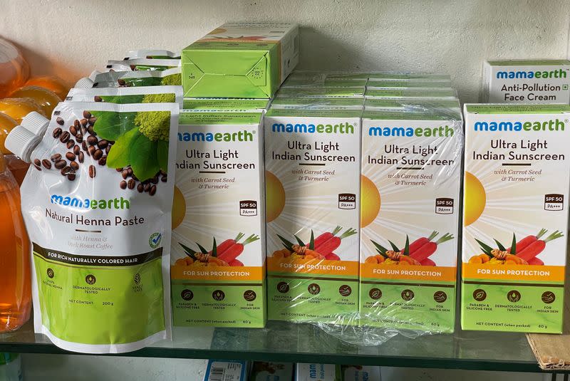 Indian skincare startup Mamaearth's products are on display for sale at a wholesale shop in Ahmedabad