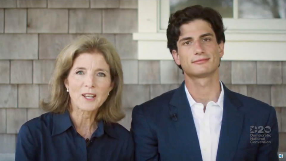 In this screenshot from the DNCC’s livestream of the 2020 Democratic National Convention, Former U.S. Ambassador to Japan and daughter of President John F. Kennedy, Caroline Kennedy and son Jack Schlossberg, grandson of President John F. Kennedy speak during the virtual convention on August 18, 2020.