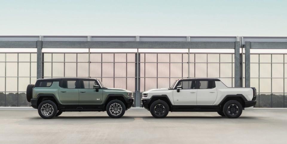 gmc hummer ev sut and suv face each other