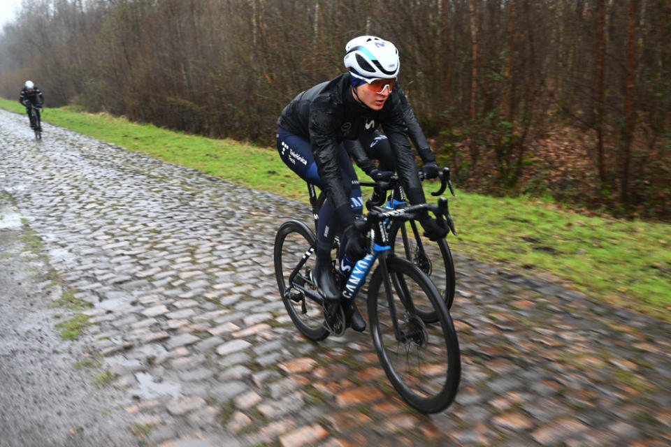 ROUBAIX FRANCE  APRIL 06 Juri Hollmann of Germany and Movistar Team during the ParisRoubaix 2023 Training Day 1  UCIWT  on April 06 2023 in Roubaix France Photo by Luc ClaessenGetty Images