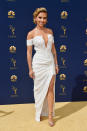 <p>Scarlett Johansson glimmers in a white off-shoulder gown made of delicate sequined fabric.<br>Photo: Getty </p>