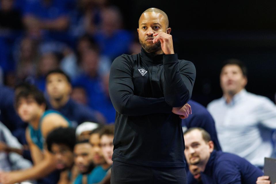 Dec 2, 2023; Lexington, Kentucky, USA; North Carolina-Wilmington Seahawks head coach Takayo Siddle looks on during the first half against the Kentucky Wildcats at Rupp Arena at Central Bank Center. Mandatory Credit: Jordan Prather-USA TODAY Sports