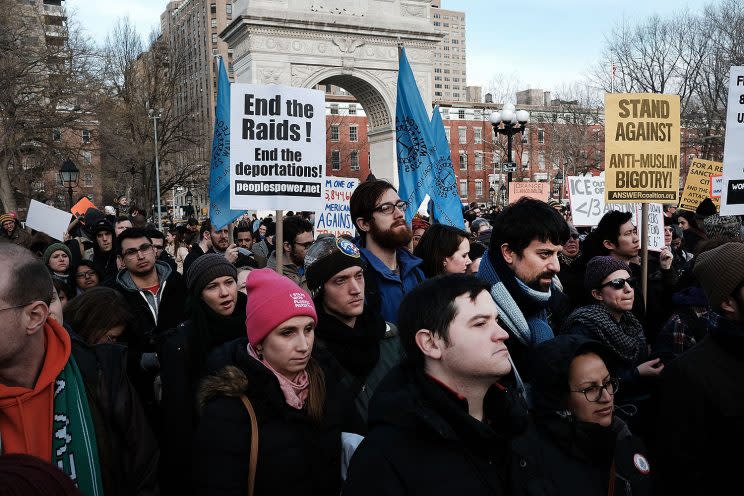 Demonstrators protest the immigration polices of President Trump on Feb. 11, 2017, in New York City. (Photo: Spencer Platt/Getty Images)