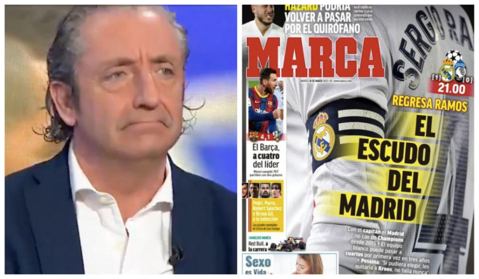 La cara de Josep Pedrerol en 'El chiringuito de jugones' al ver la portada del diario 'Marca'La cara de Josep Pedrerol en 'El chiringuito de jugones' al ver la portada del diario 'Marca'. (Fuentes: Twitter/@elchiringuitotv y Marca, copia física del 16 de marzo de 2021)