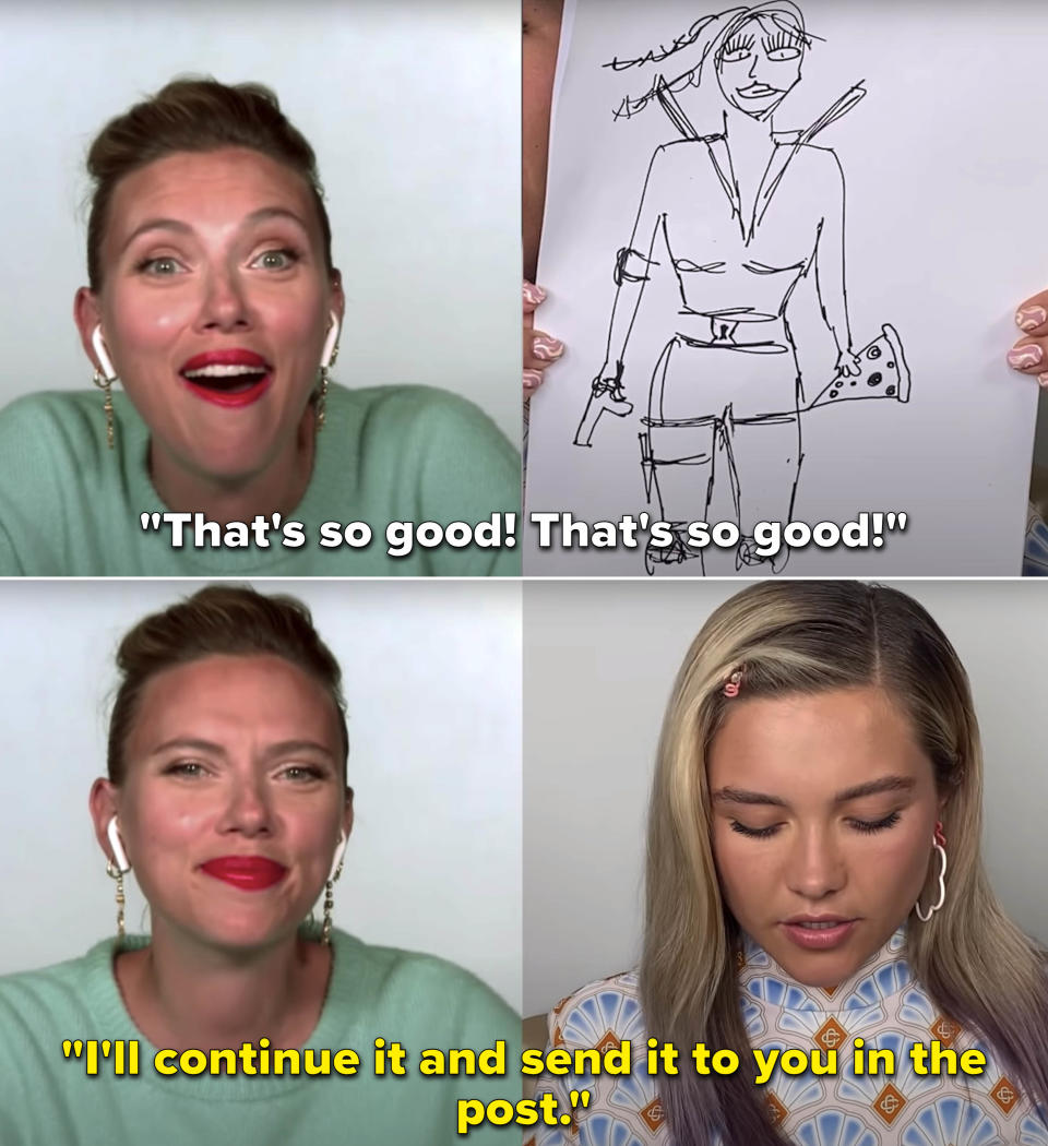 Scarlett looking at Florence's drawing and yelling, "That's so good"