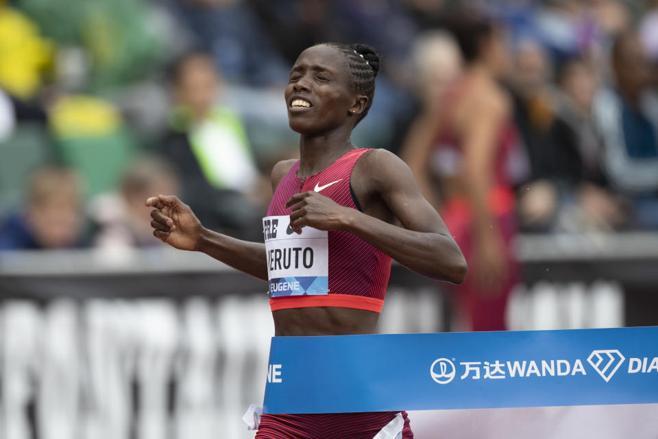 Kazakhstan's Norah Jeruto wins the women's 3,000-meter steeplechase during the Prefontaine Classic track and field meet Saturday, May 28, 2022, in Eugene, Ore. (AP Photo/Amanda Loman)