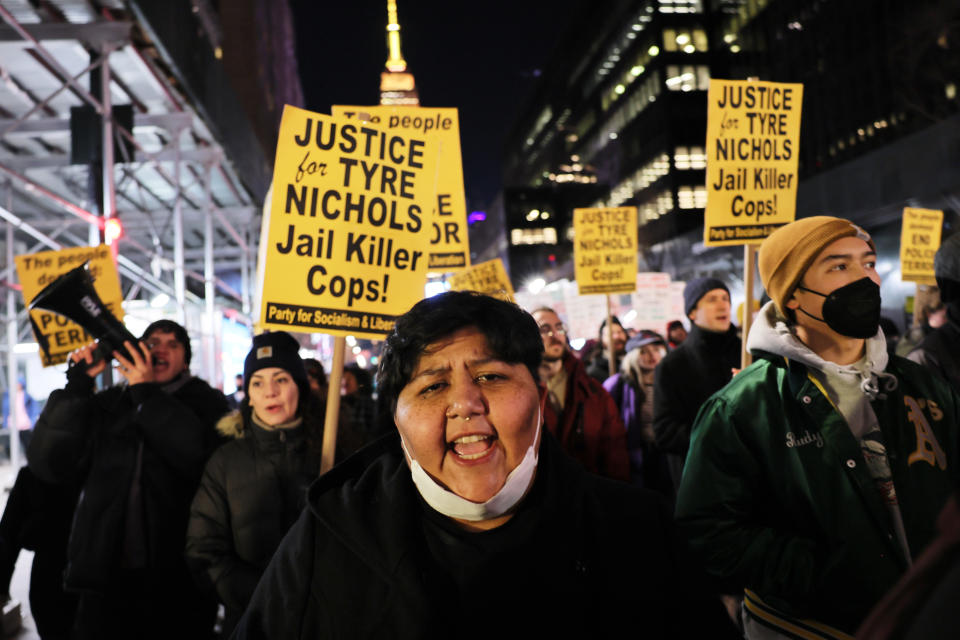 People march while protesting the death of Tyre Nichols in New York City, NY, on January 27, 2023.<span class="copyright">Michael M. Santiago—Getty Images</span>