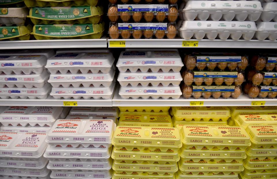 Egg cartons line the shelves of Acme Fresh Market on Whipple Avenue NW in Jackson Township. Egg prices have shot up, with most of the blame on avian influenza, or bird flu.