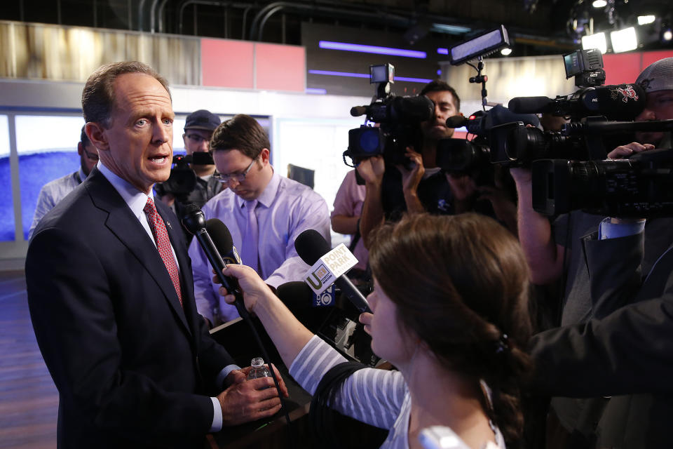 Senate candidate RepublRepublican incumbent Sen. Pat Toomey speaks to members of the media following the debate with Democrat Katie McGinty in Pittsburgh. (Photo: Jared Wickerham/AP)