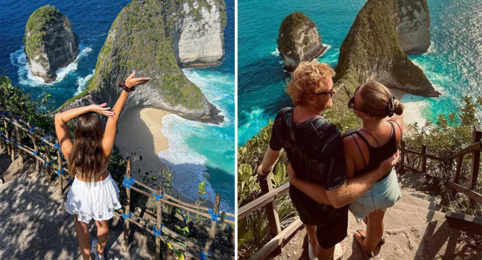 In two pictures people posing at a view point atop of Kelingking Beach, Bali. 