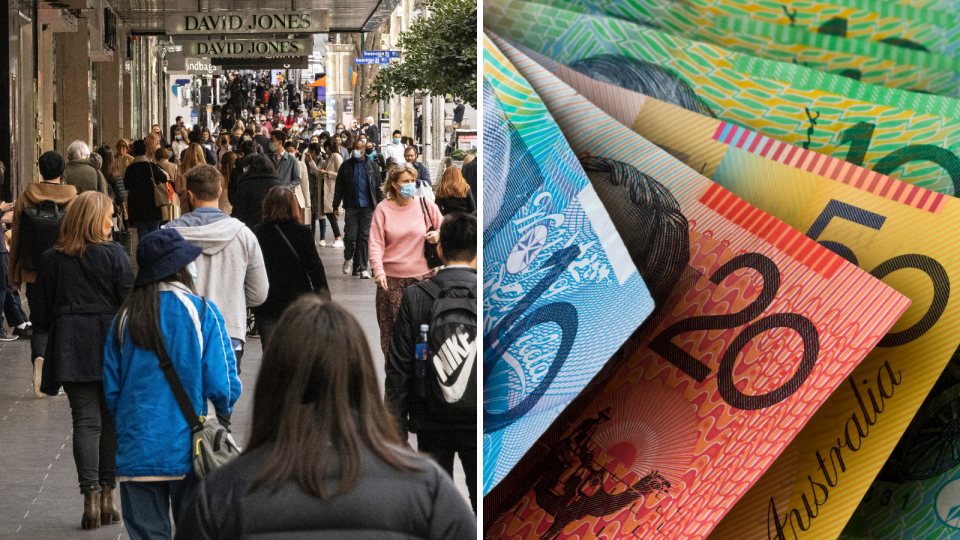 Australian people walking in the mall. Australian money notes. Centrelink payment concept.