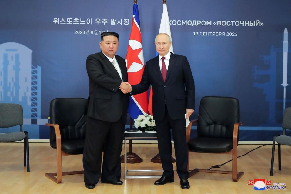 Kim Jong-un and Vladimir Putin at the Vostochny cosmodrome in September 2023 (AP)