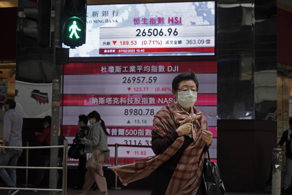 A woman walks past an electronic board showing Hong Kong share index outside a local bank in Hong Kong, Thursday, Feb. 27, 2020. Shares fell in Asia on Thursday after President Donald Trump announced the U.S. was stepping up its efforts to combat the virus outbreak that began in China. (AP Photo/Kin Cheung)