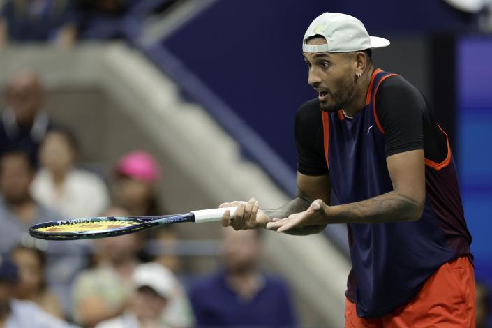 Nick Kyrgios, of Australia, reacts to his play against Daniil Medvedev, of Russia, during the fourth round of the U.S. Open tennis championships, Sunday, Sept. 4, 2022, in New York. (AP Photo/Adam Hunger)