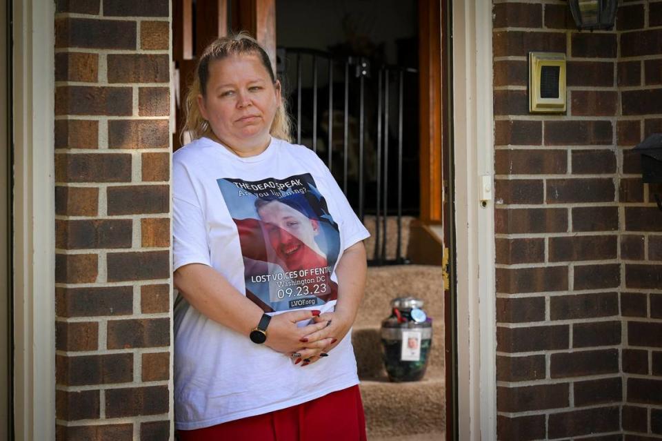 Shannon Earnshaw of Bonner Springs, Kansas, feels the loss of her only son, Shawn Dewey II, 25, everyday. Dewey died Sept. 7, 2022, after taking a fentanyl-laced pill he thought would help him with his insomnia. Earnshaw keeps his urn at her home and often takes it to events to educate people on the dangers of fentanyl.