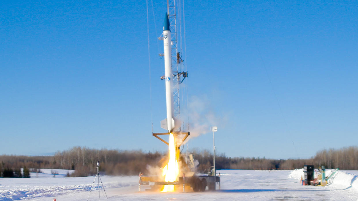  A bluShift Aerospace Stardust 1.0 rocket launches on its first low-altitude test flight from a runway at the Loring Commerce Centre in Limestone, Maine on Jan. 31, 2021.    