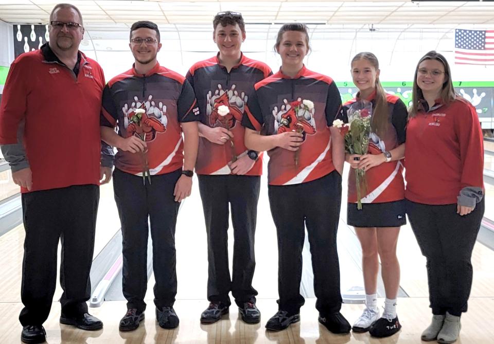 The Coldwater Bowling teams celebrated their seniors with a sweep of Parma Western on Senior Night. Pictured are seniors Chase Rubley, Austin Johnson, Logan Cleckner and Violet Waltke.