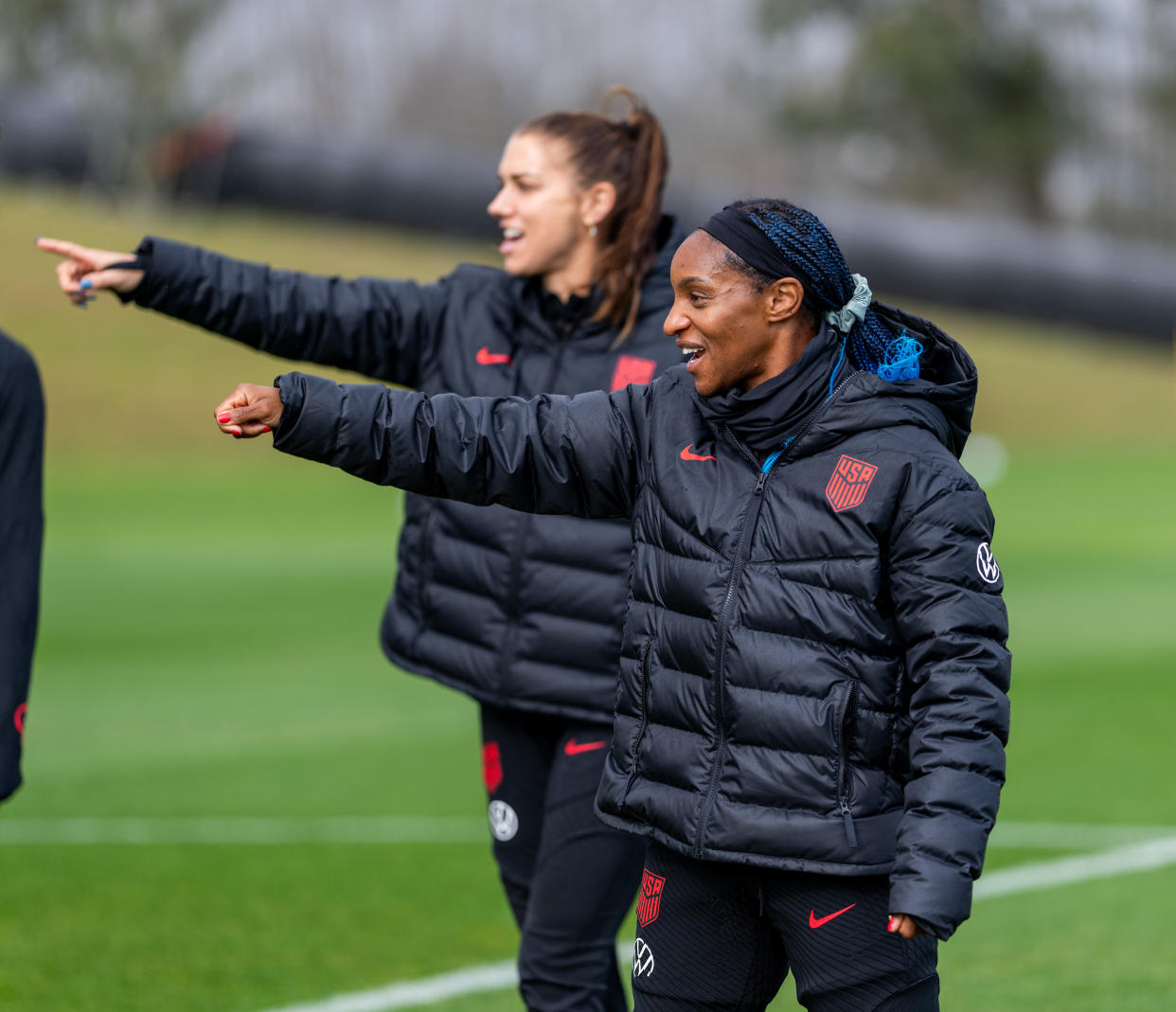 AUCKLAND, NEW ZEALAND - JULY 25: Alex Morgan #13 and Crystal Dunn #19 of the United States warm up during USWNT Training at Bay City Park on July 25, 2023 in Auckland, New Zealand. (Photo by Brad Smith/USSF/Getty Images for USSF).