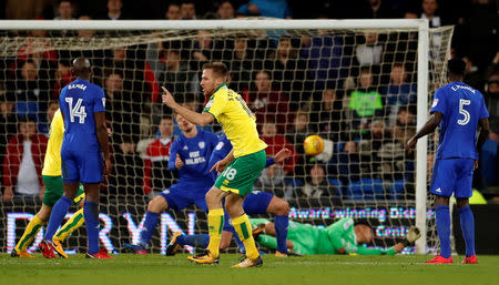 Soccer Football - Championship - Cardiff City vs Norwich City - Cardiff City Stadium, Cardiff, Britain - December 1, 2017 Norwich's Marco Stiepermann celebrates after scoring their first goal with a deflected shot that hit Cardiff's Sean Morrison Action Images/Andrew Boyers