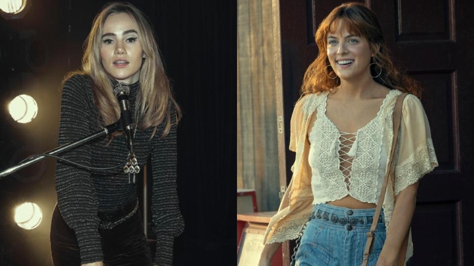 From left to right: Suki Waterhouse playing the piano and Riley Keough walking out of the building both in Daisy Jones and the Six.