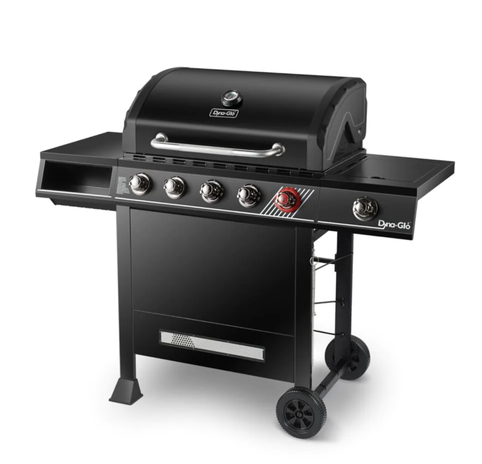 Dyna-Glo 5-Burner Propane Gas Grill  in black with red dial (Photo via The Home Depot)