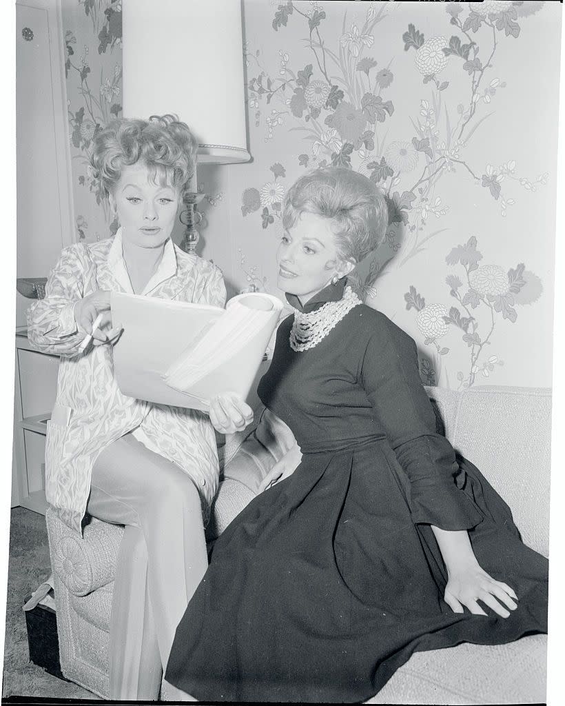 <p>Lucille offers advice to comedian Carole Cook, who she discovered, before the up-and-coming actress's first major film role in <em>The Incredible Mr. Limpet.</em></p>