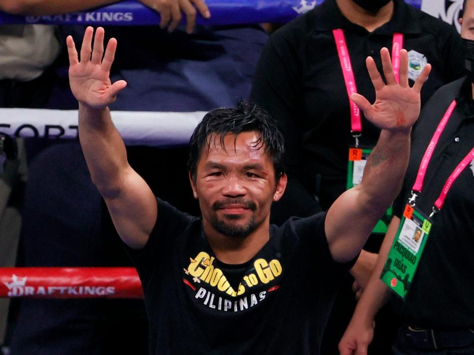 Manny Pacquiao gestures after his latest loss — a 12-round decision to Yordenis Ugas on Saturday, August 21.