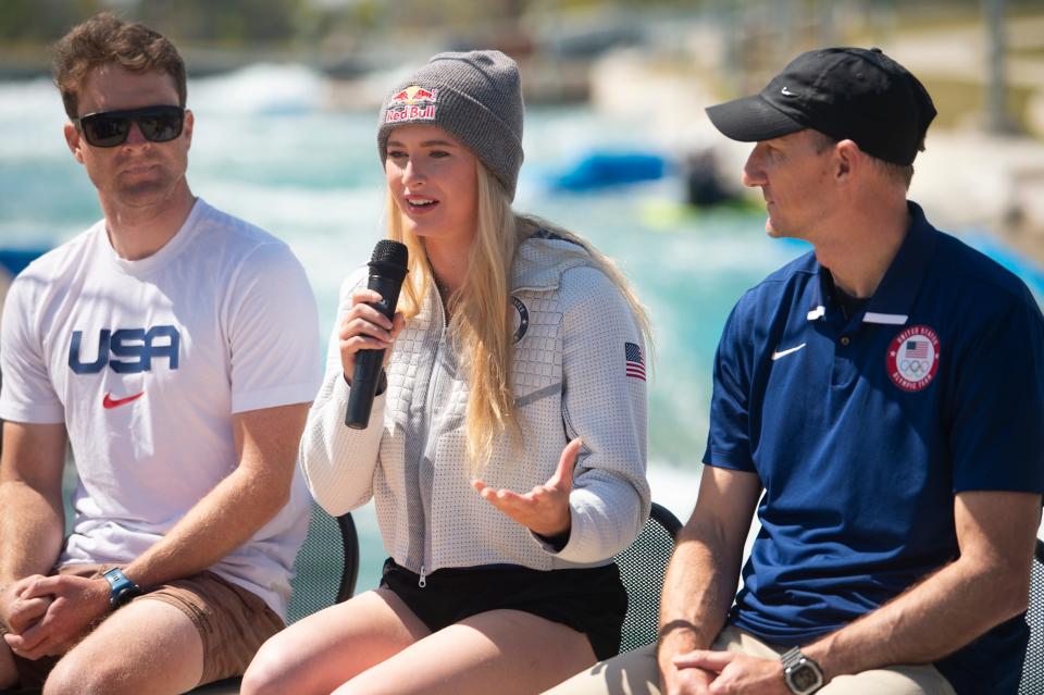 Olympic kayaker Evy Leibfarth speaks during a press conference announcing the Olympic trials at Montgomery Whitewater in Montgomery, Ala., on Wednesday, March 20, 2024.