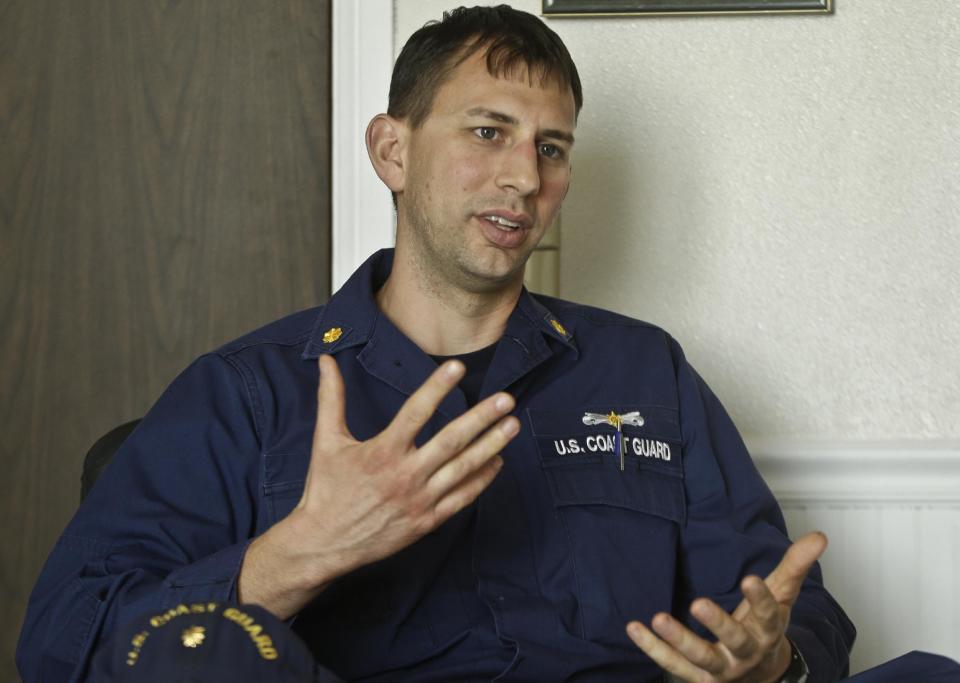 This photo taken Jan. 28, 2014, shows Lt. Commander Matthew Jones, the Coast Guard chief of enforcement for the San Diego sector, talks about the vast area of the Pacific Ocean the Coast Guard polices in San Diego. With the drug war locking down land routes across Latin America and at the U.S. border, smugglers have been increasingly using large vessels to carry multi-ton loads of cocaine and marijuana hundreds of miles offshore, where the lead federal agency with extensive law enforcement powers is the Coast Guard, a military service roughly the size of the New York Police Department. (AP Photo/Lenny Ignelzi)