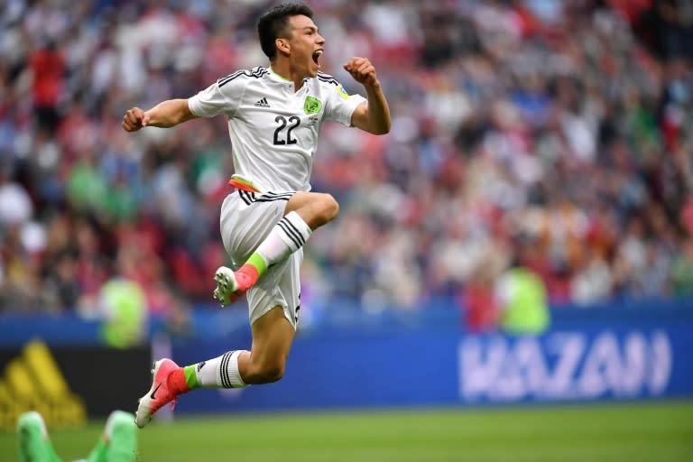 Mexico's forward Hirving Lozano celebrates after scoring the team's second goal during the 2017 Confederations Cup match against Russia, which secured Mexico's victory and place in the semi-finals