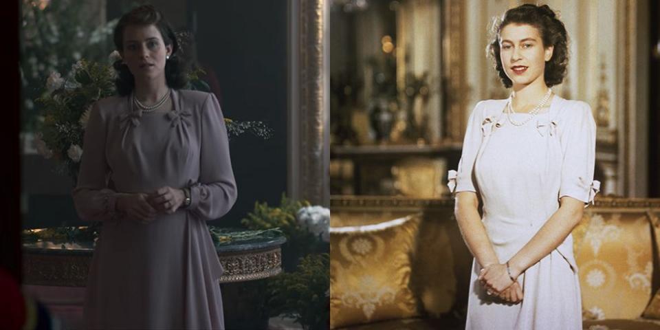 <p>While Princess Elizabeth (Claire Foy) waits for her engagement to be approved, she wears a mauve long sleeve dress with bow details. The dress depicted in <em>The Crown</em>'s very first episode is a recreation of the dress Princess Elizabeth wore to announce her engagement to Prince Philip in 1947. In real-life, the arms were shorter and the fabric was a few shades lighter.</p>