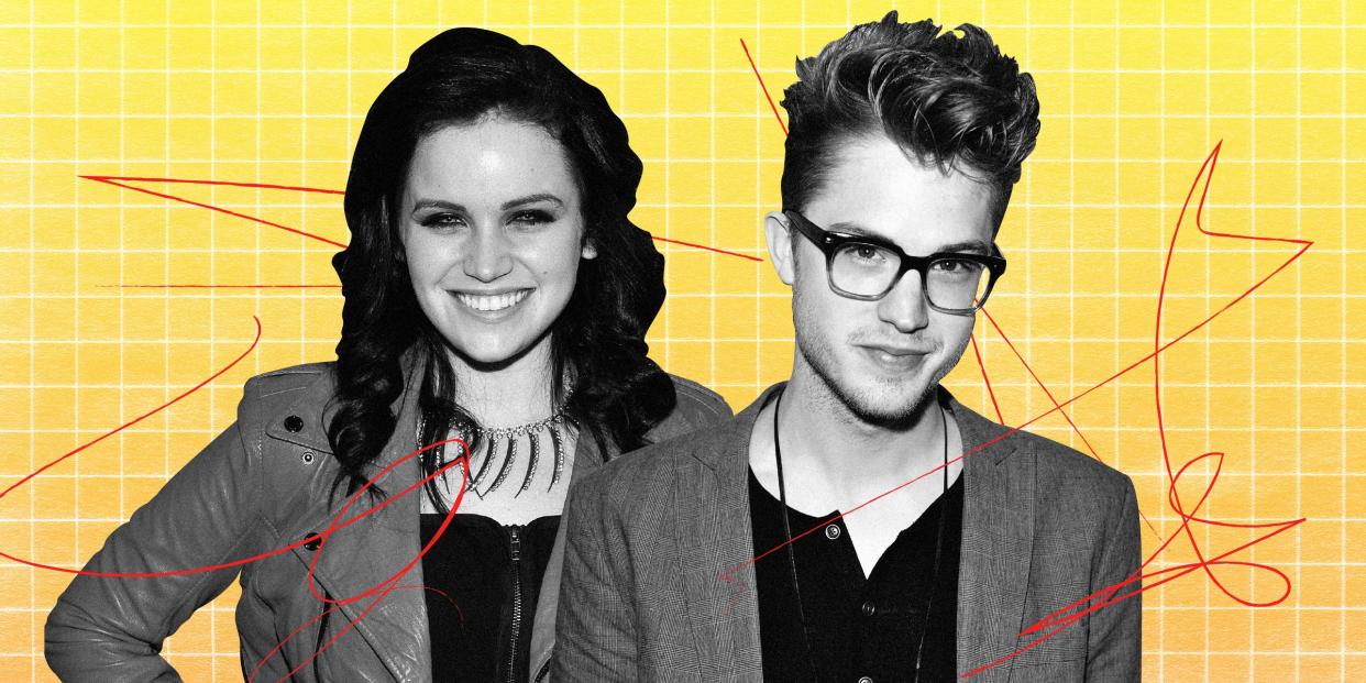 Black and white photos of Lindsay Pearce and Cameron Mitchell on a yellow background with red scribbles surrounding them