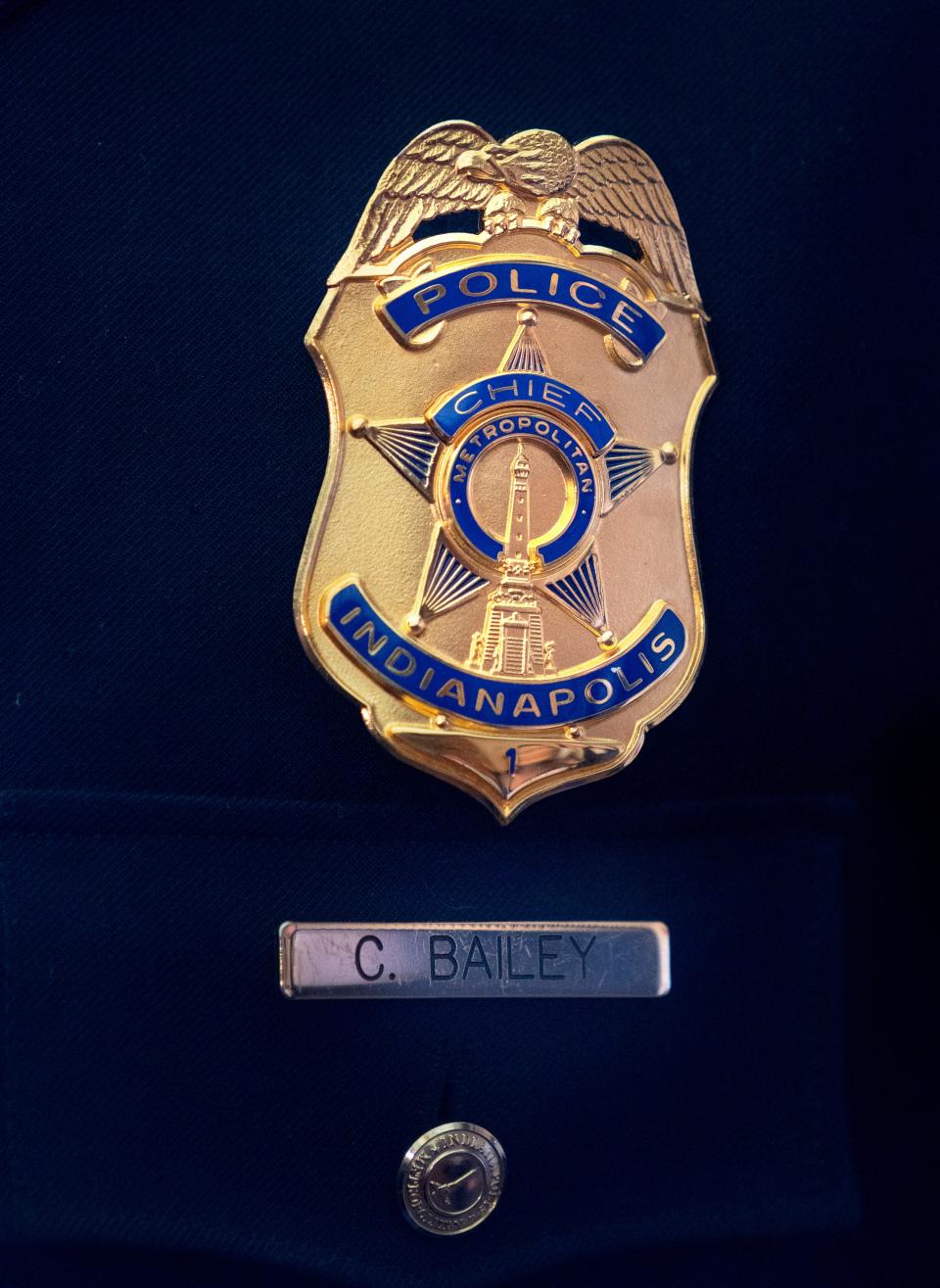 Chief of the Indianapolis Metropolitan Police Department Christopher Bailey wears his new badge after being sworn in Monday, Feb. 12, 2024 during a press conference at the City/County Building.