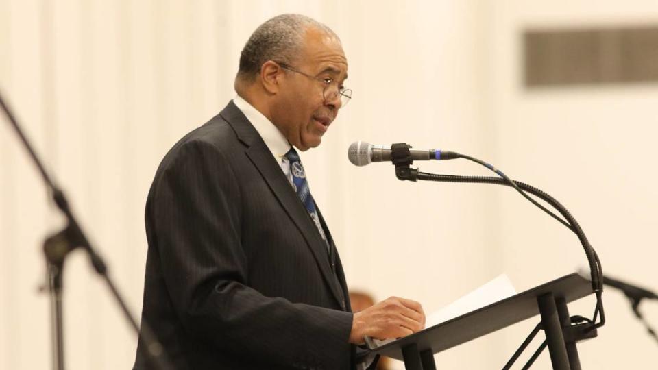 Rev Joseph Owens of Shiloh Baptist Church addressing the BUILD assembly during BUILD’s 2024 Nehemiah Action Assembly at Central Bank Center in Lexington, Ky., on April 30, 2024.