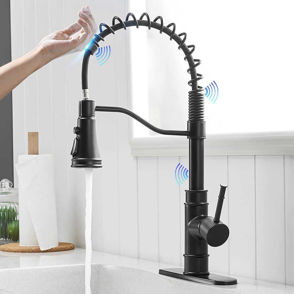 Touch On Kitchen Faucets with Pull Down Sprayer Smart Kitchen Sink Faucets with Deck Plate, Stainless Steel Matte Black