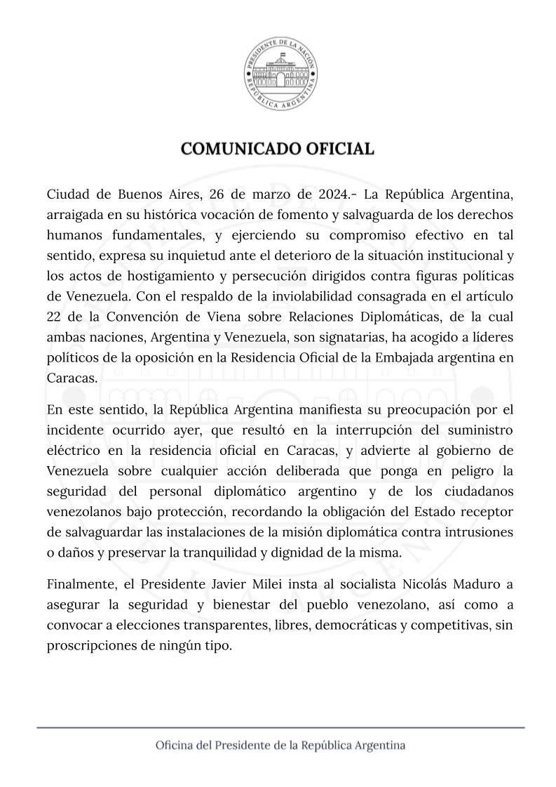 El comunicado que difundió el Gobierno este miércoles.