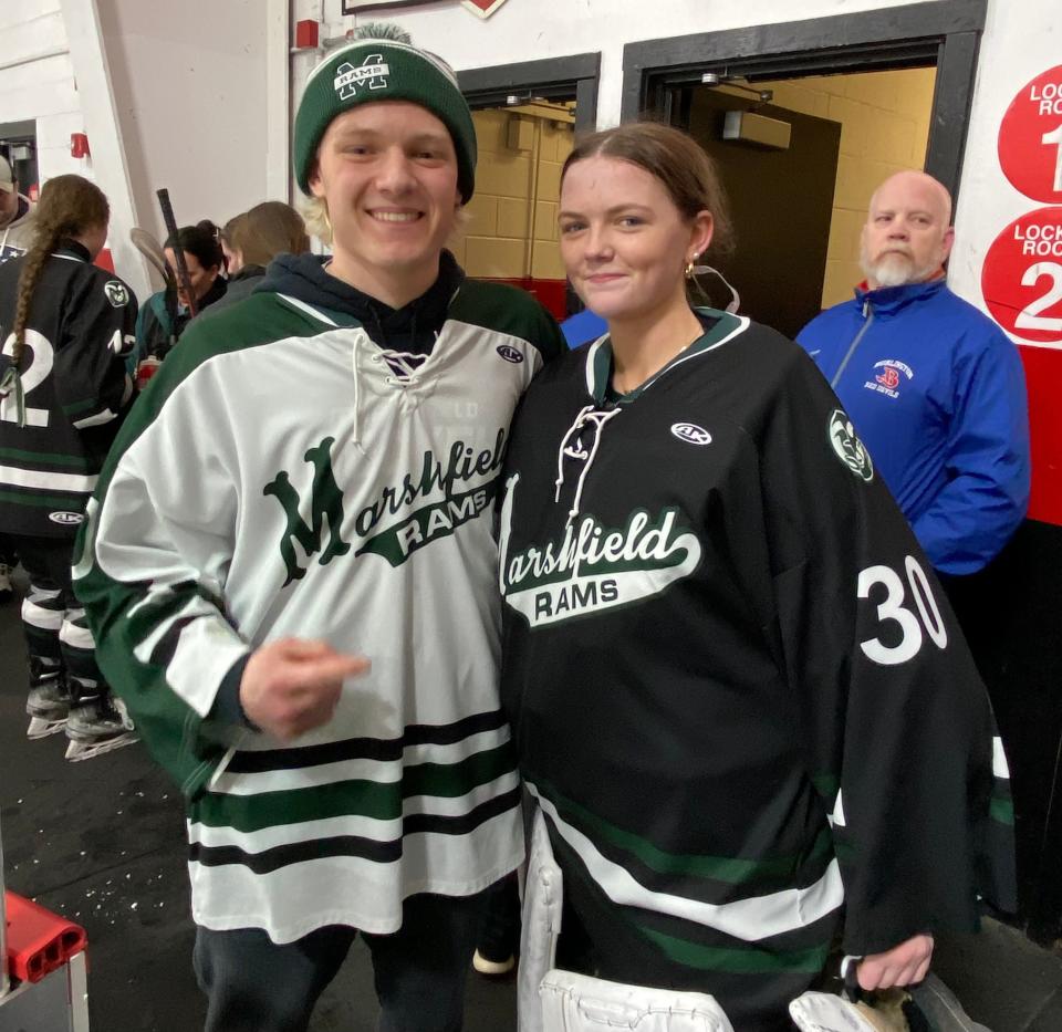 Kevin Murphy was in the rink Thursday night to see his younger sister Morgan get a shutout in net for the Marshfield High girls hockey team. Kevin is the starting goaltender for the Rams boys hockey team.