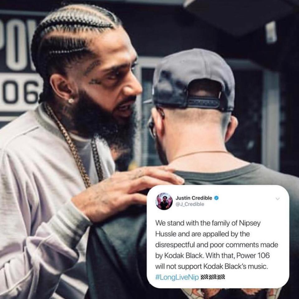 <p>Power 106, the most famous hip-hop radio station in Los Angeles, is banning Kodak Black from its airwaves after the comments he made about Nipsey Hussle‘s girlfriend, Lauren London. DJ Justin Incredible spoke on behalf of the station Saturday night, tweeting, “We stand with the family of Nipsey Hussle and are appalled by the disrespectful […]</p> <p>The post <a rel="nofollow noopener" href="https://theblast.com/kodak-black-nipsey-hussle-lauren-london-banned/" target="_blank" data-ylk="slk:Kodak Black Banned From L.A. Radio Station After Lauren London Comments;elm:context_link;itc:0;sec:content-canvas" class="link ">Kodak Black Banned From L.A. Radio Station After Lauren London Comments</a> appeared first on <a rel="nofollow noopener" href="https://theblast.com" target="_blank" data-ylk="slk:The Blast;elm:context_link;itc:0;sec:content-canvas" class="link ">The Blast</a>.</p>