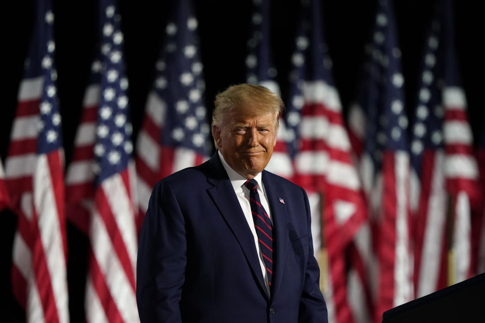 President Donald Trump speaks from the South Lawn of the White House on the fourth day of the Republican National Convention, Thursday, Aug. 27, 2020, in Washington. (AP Photo/Alex Brandon)