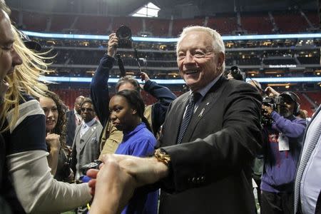 Nov 12, 2017; Atlanta, GA, USA; Dallas Cowboys owner Jerry Jones talks to fans before a game against the Atlanta Falcons at Mercedes-Benz Stadium. Brett Davis-USA TODAY Sports